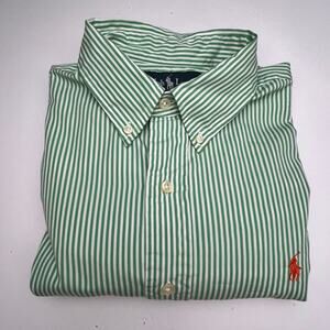 Ralph Lauren Custom Fit Green/White Stripes Orange Logo Button Down Shirt Large